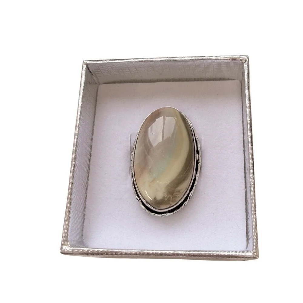 Polychrome Jasper Oval Stone Statement Ring Silver plated SW‎ Boho Tan Cream 8.5